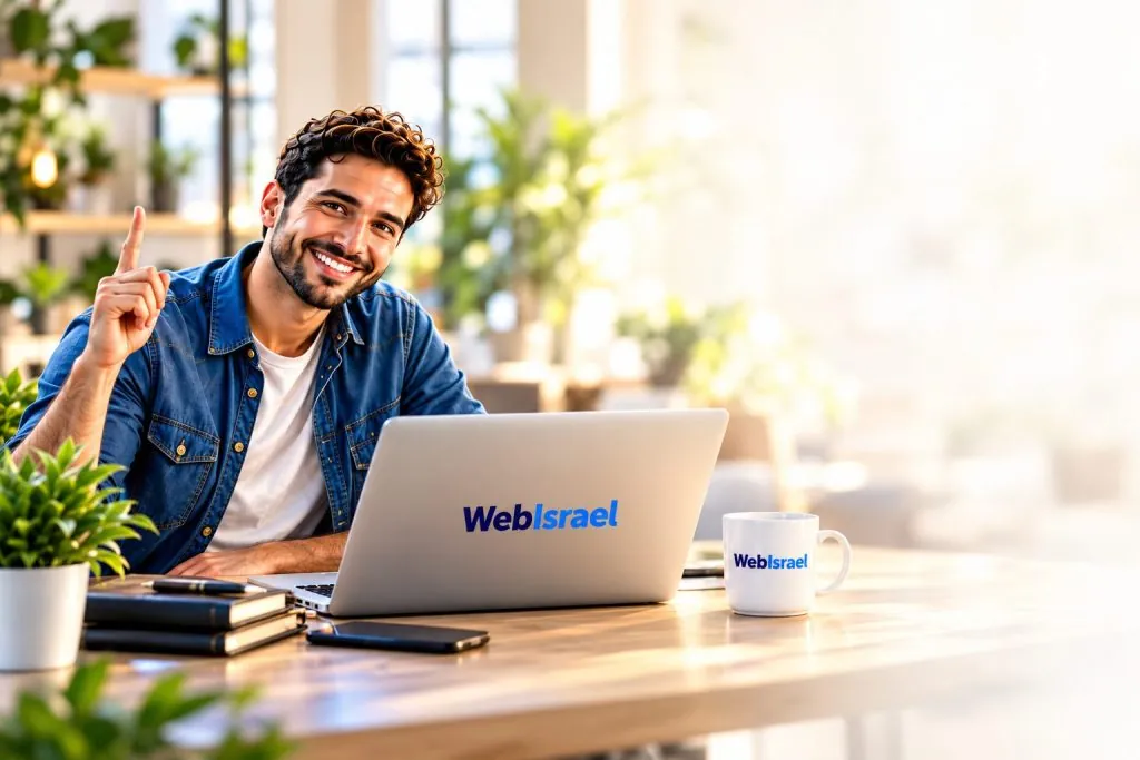 נציג WebIsrael מחייך מאחורי מחשב נייד ומרים אצבע