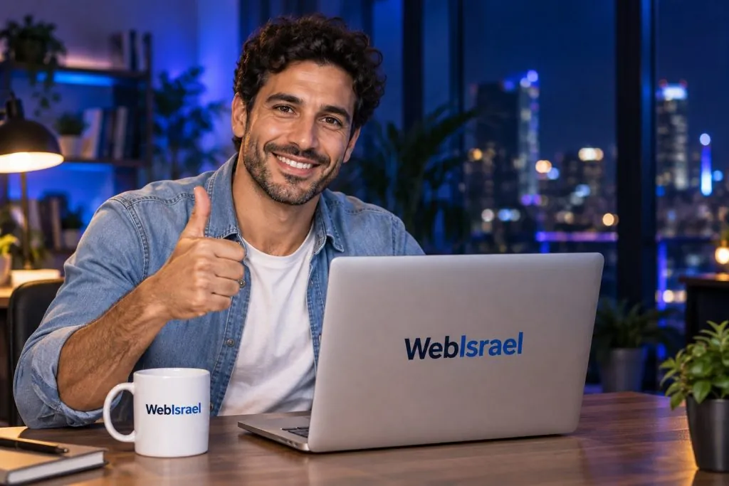 נציג WebIsrael מרים אגודל ליד מחשב נייד